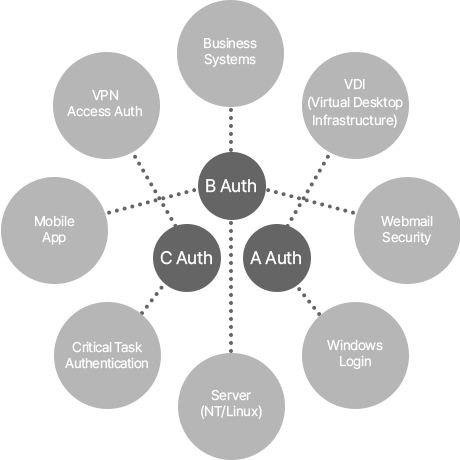 A diagram of a distributed authentication architecture in which separate A, B, and C authentication methods are individually applied to business systems, VPN, webmail, and servers.
