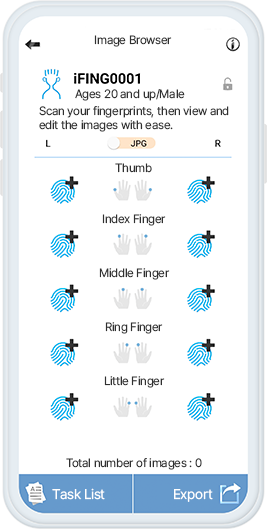 Touchless Fingerprint Scanner App Image List and Export Screen