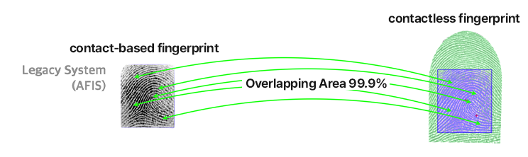 Contactless fingerprint image, 99.9% overlapping area comparison with contact-based fingerprint